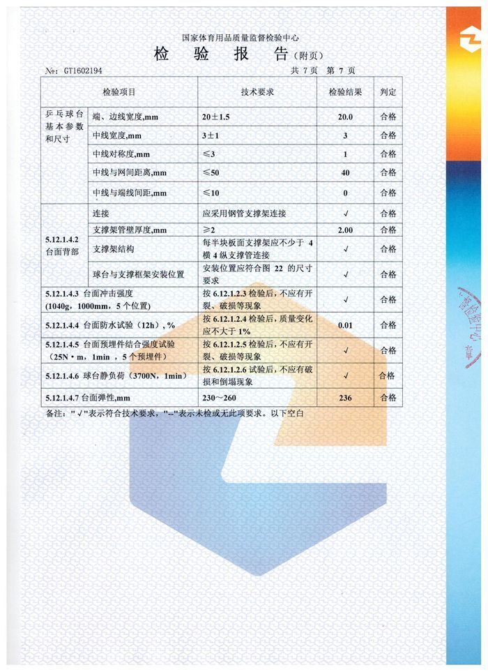 室外乒乓球台检验报告